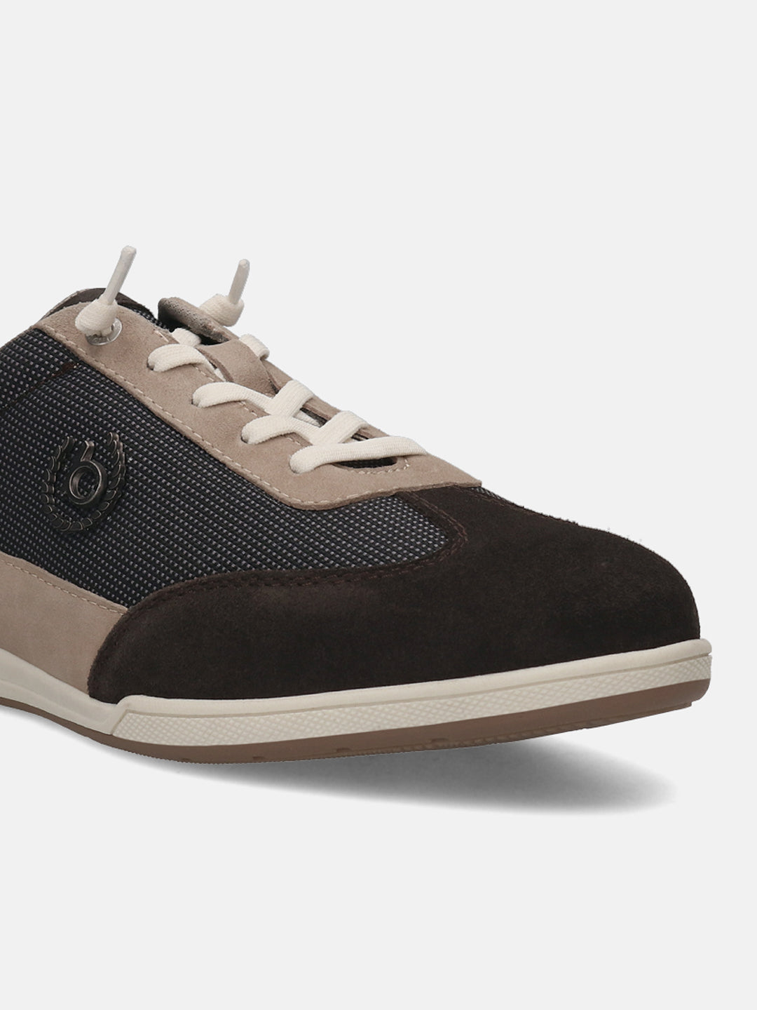 Brown leather sneaker by bugatti, with suede and textile panels and white laces.