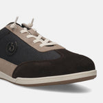 Brown leather sneaker by bugatti, with suede and textile panels and white laces.