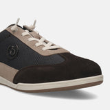 Brown leather sneaker by bugatti, with suede and textile panels and white laces.