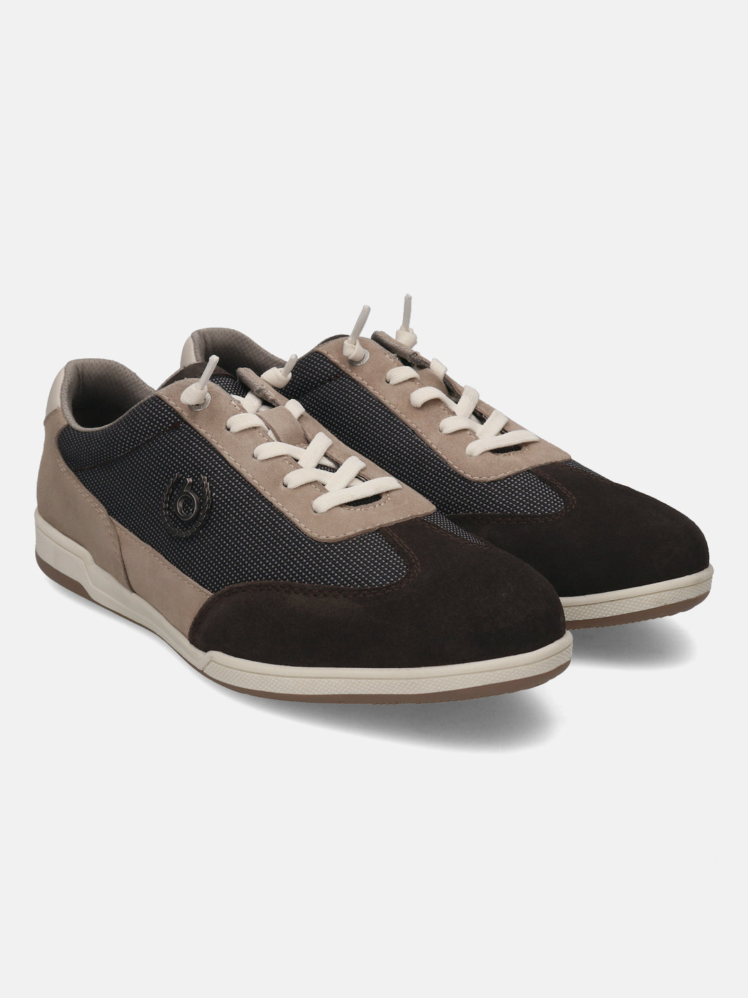 Brown leather sneakers by bugatti, with suede and textile accents, and off-white laces.