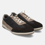 Brown leather sneakers by bugatti, with suede and textile accents, and off-white laces.