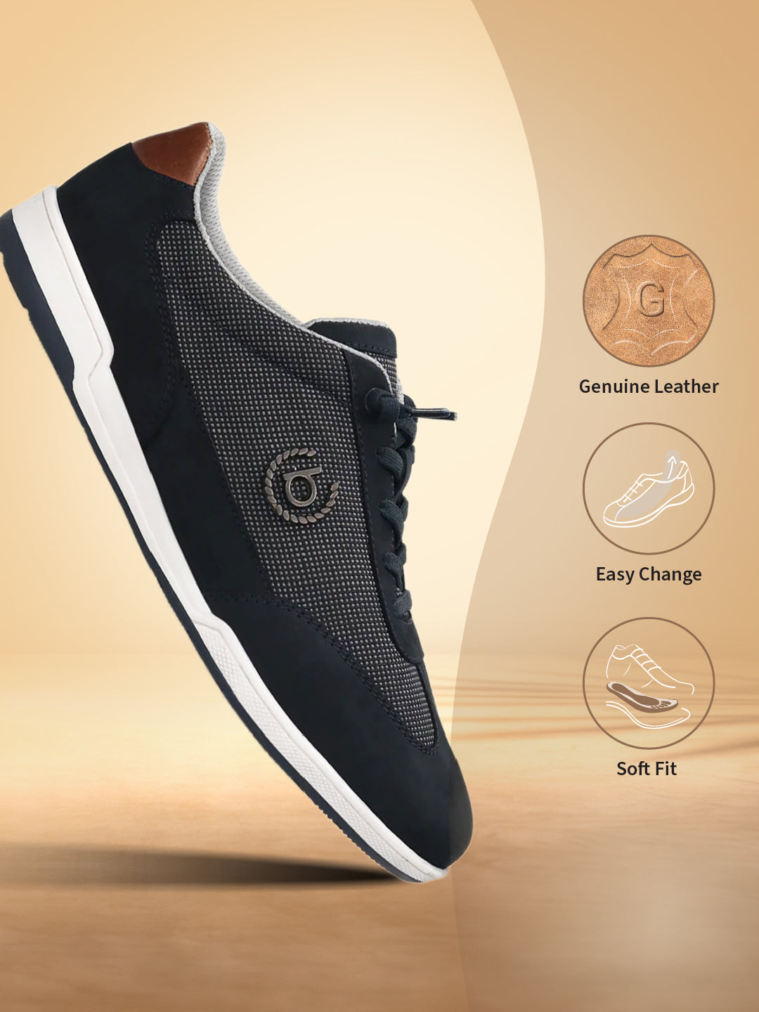 Dark blue leather sneakers by bugatti, with a white sole and tan heel accent.