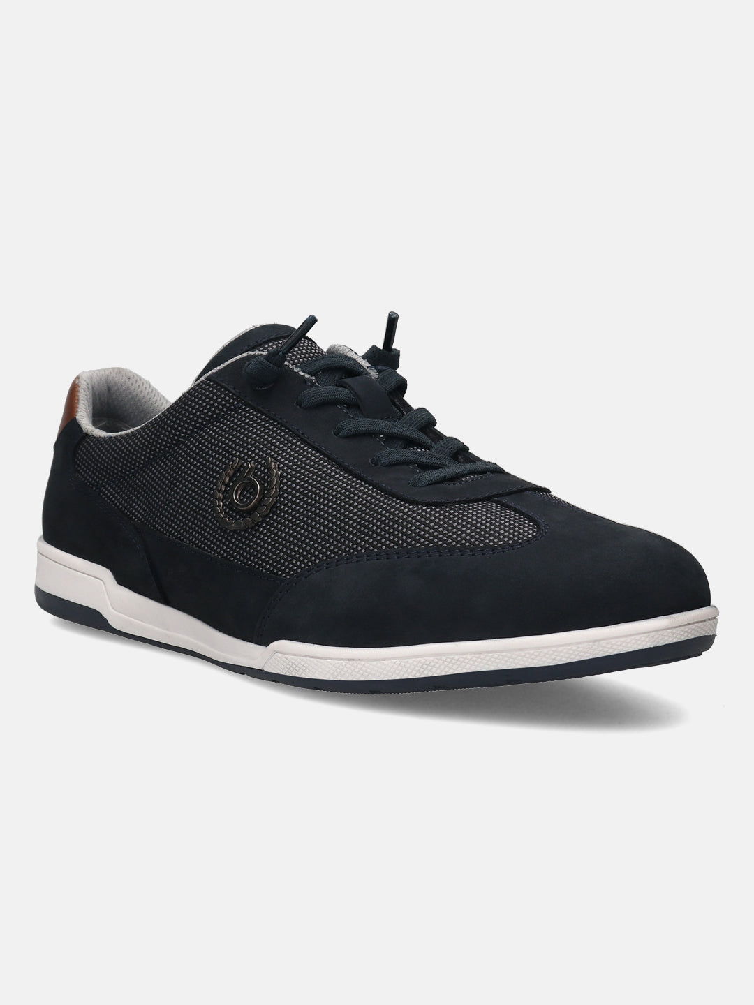 Dark blue leather sneakers by bugatti with textured fabric inlays and a white rubber sole.