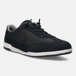 Dark blue leather sneakers by bugatti with textured fabric inlays and a white rubber sole.
