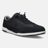 Dark blue leather sneakers by bugatti with textured fabric inlays and a white rubber sole.