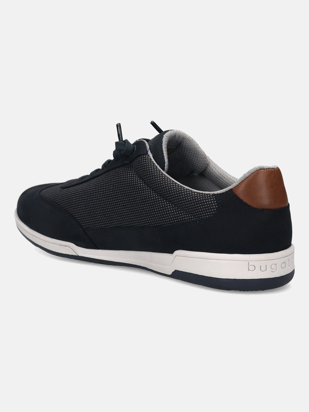 Dark blue leather sneaker by bugatti, featuring mesh texture, brown heel detail, and white sole.