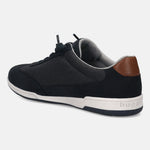Dark blue leather sneaker by bugatti, featuring mesh texture, brown heel detail, and white sole.
