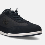 Dark blue leather sneaker by bugatti, showing a grid pattern and tonal laces.