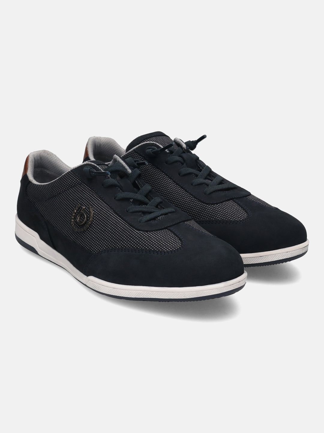 Dark blue leather sneakers by bugatti, with a mesh panel and white rubber sole.
