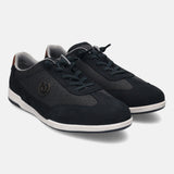 Dark blue leather sneakers by bugatti, with a mesh panel and white rubber sole.