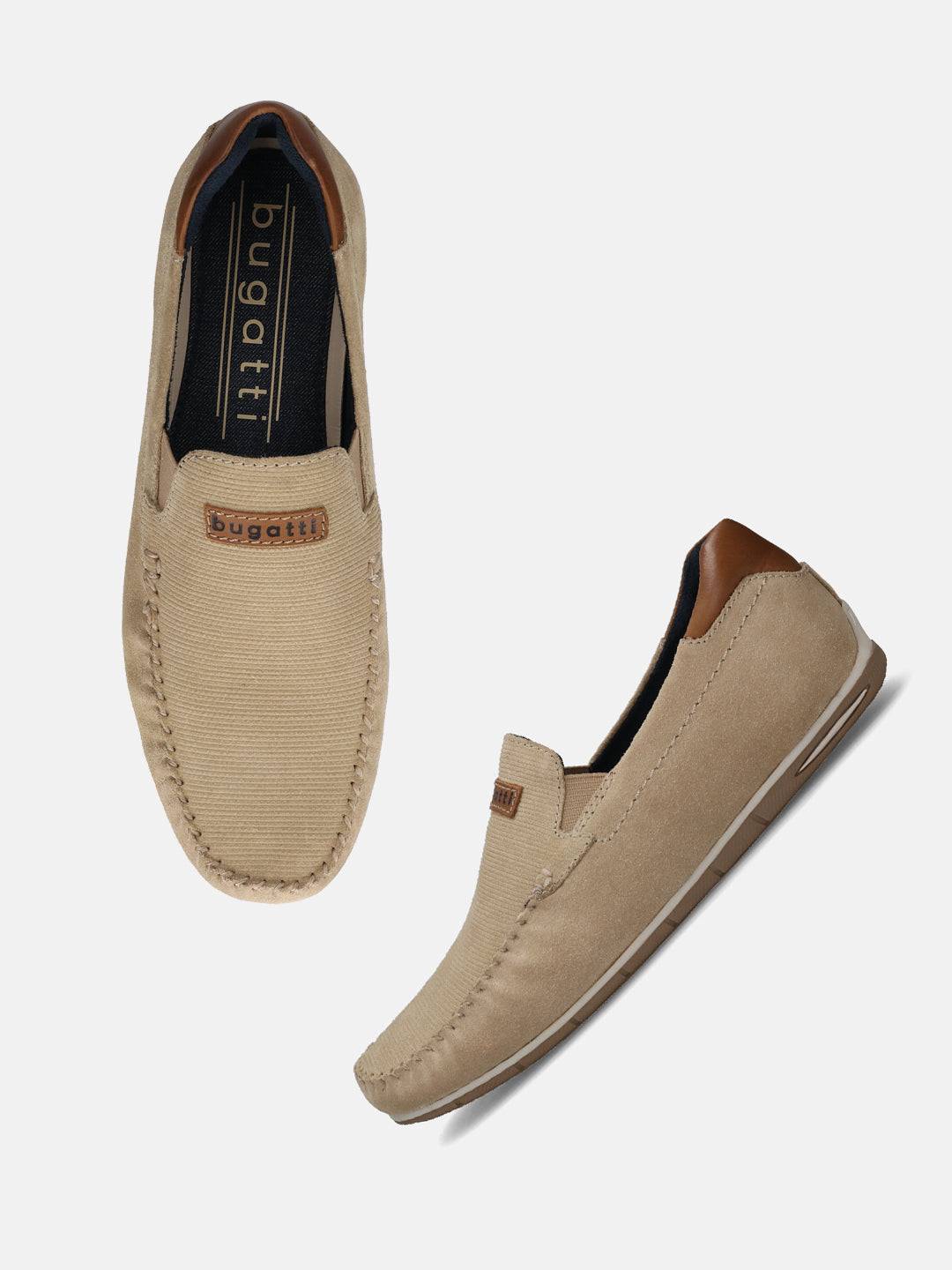 A brown Men's bugatti Casual Loafers featuring a square toe apron toe, zero heels heel. Made from premium genuine leather with a durable tr outsole, this slip-on design offers both style and comfort.