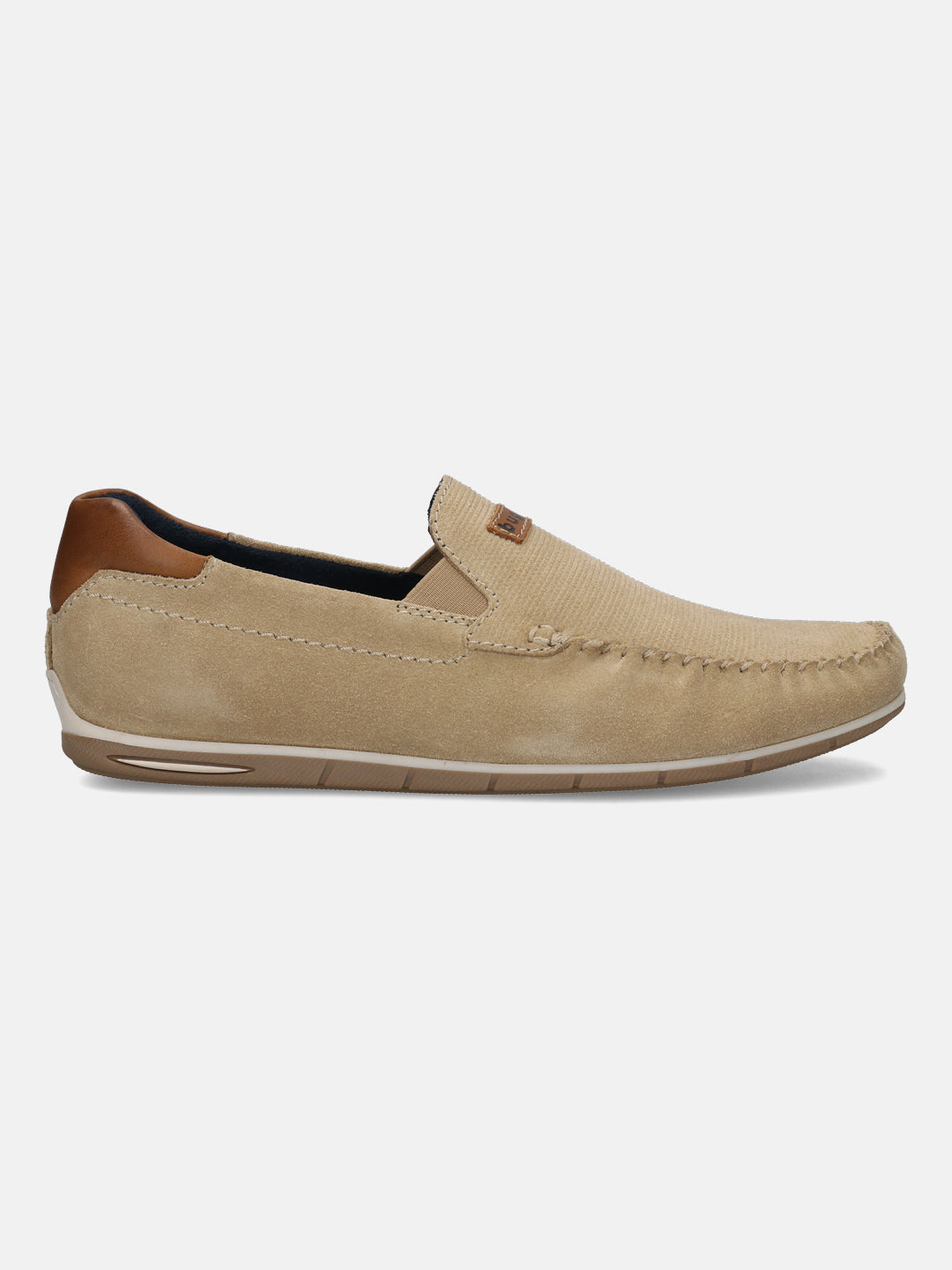 A brown Men's bugatti Casual Loafers featuring a square toe apron toe, zero heels heel. Made from premium genuine leather with a durable tr outsole, this slip-on design offers both style and comfort.