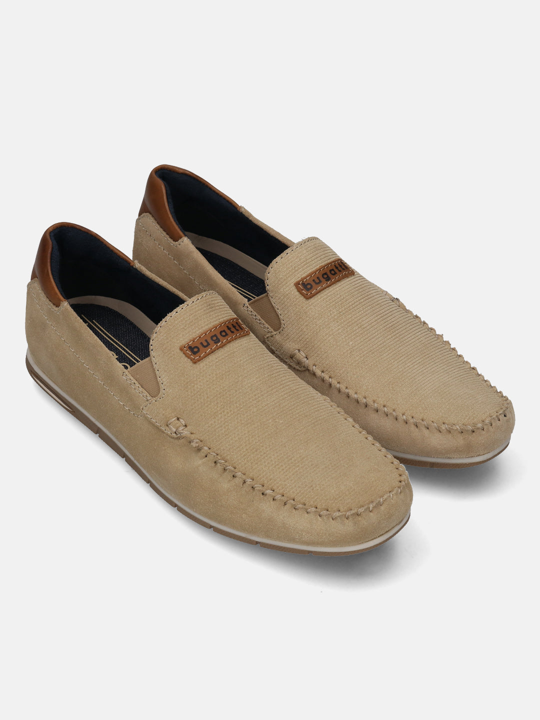 A brown Men's bugatti Casual Loafers featuring a square toe apron toe, zero heels heel. Made from premium genuine leather with a durable tr outsole, this slip-on design offers both style and comfort.