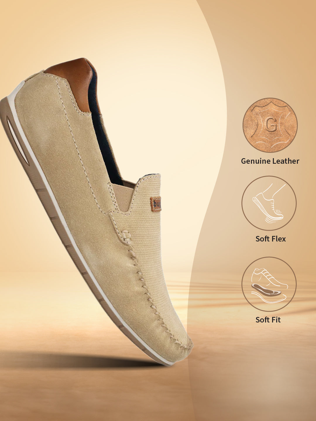 A brown Men's bugatti Casual Loafers featuring a square toe apron toe, zero heels heel. Made from premium genuine leather with a durable tr outsole, this slip-on design offers both style and comfort.