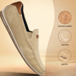 A brown Men's bugatti Casual Loafers featuring a square toe apron toe, zero heels heel. Made from premium genuine leather with a durable tr outsole, this slip-on design offers both style and comfort.