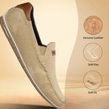 A brown Men's bugatti Casual Loafers featuring a square toe apron toe, zero heels heel. Made from premium genuine leather with a durable tr outsole, this slip-on design offers both style and comfort.