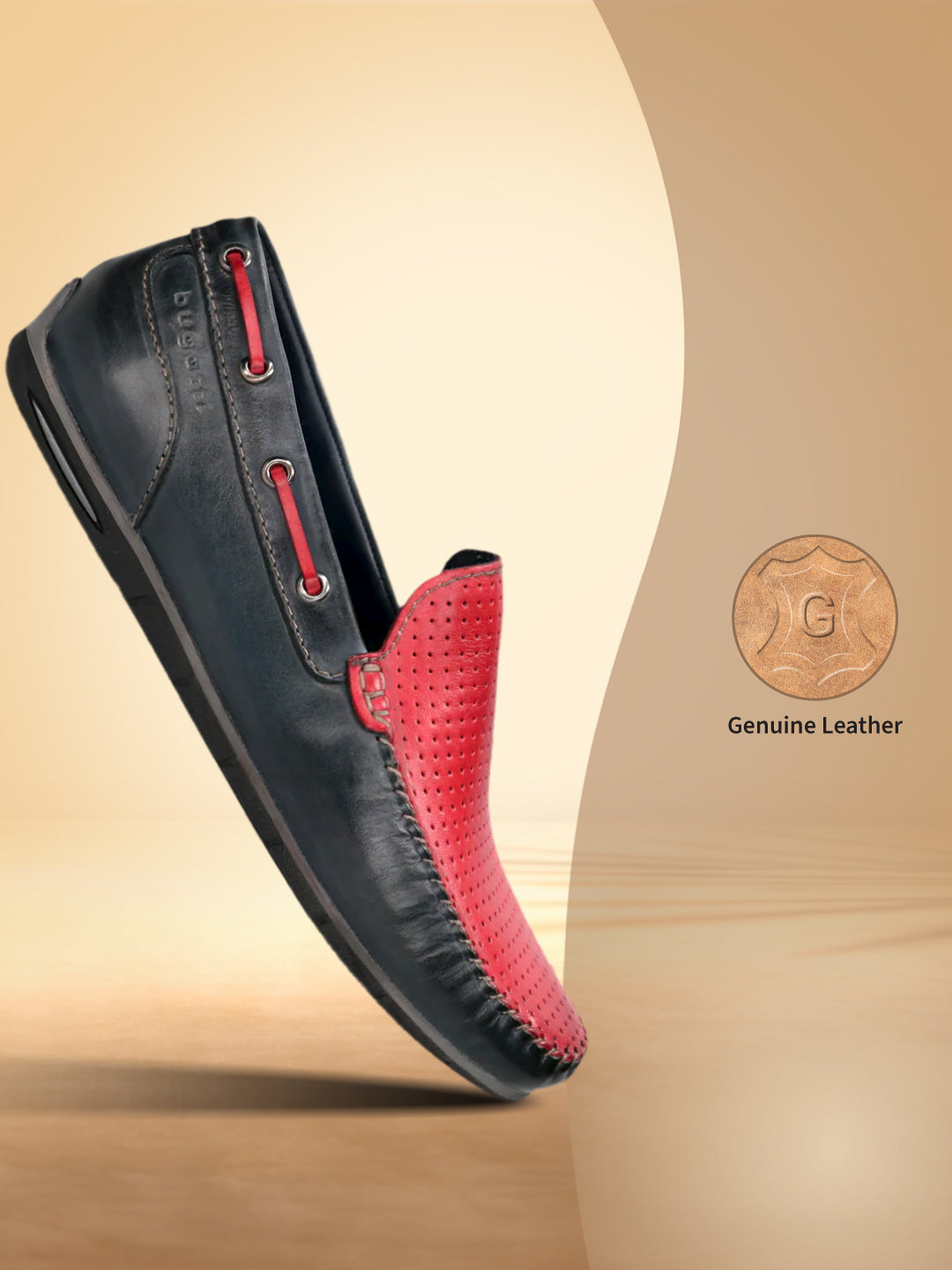 bugatti Chesley dark blue leather slip-on shoe with red accents, shown at an angle.
