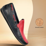 bugatti Chesley dark blue leather slip-on shoe with red accents, shown at an angle.
