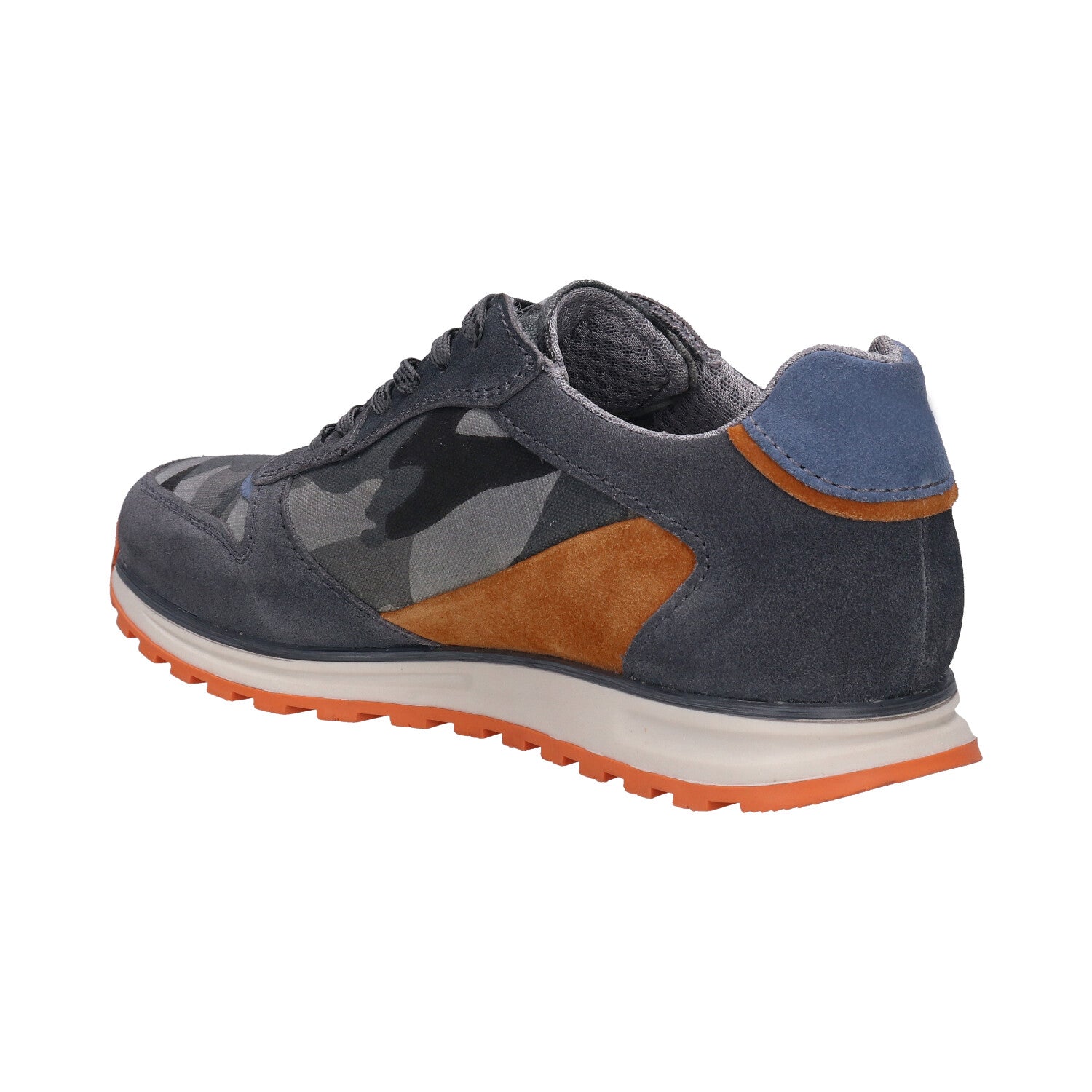 bugatti Cirino grey premium leather comfort sneaker with camouflage pattern and orange sole.
