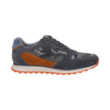 Side view of a gray bugatti sneaker featuring camouflage and orange accents with an orange sole.

