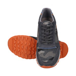 bugatti Cirino grey sneakers with camouflage print, suede accents, and orange lug soles.