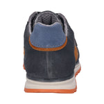 Back view of bugatti Cirino grey leather sneakers with orange and blue suede accents and a chunky sole.