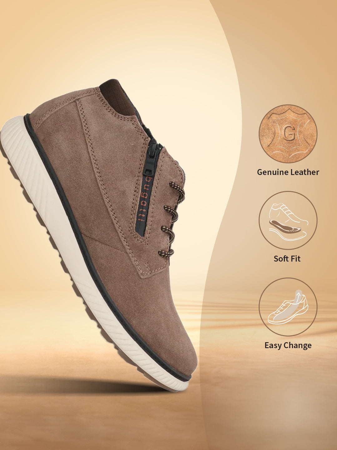 Taupe premium leather sneaker by bugatti, with a white sole and brown patterned laces.
