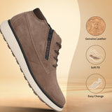 Taupe premium leather sneaker by bugatti, with a white sole and brown patterned laces.
