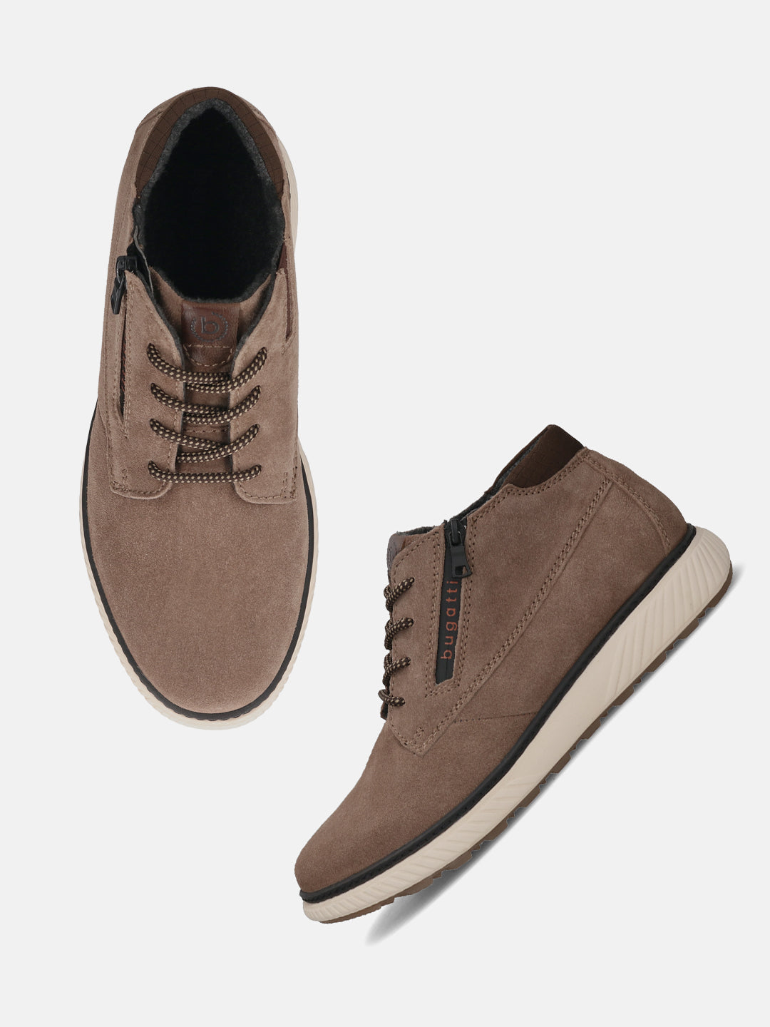 Taupe leather sneakers by bugatti with brown laces, a black zipper and white soles.