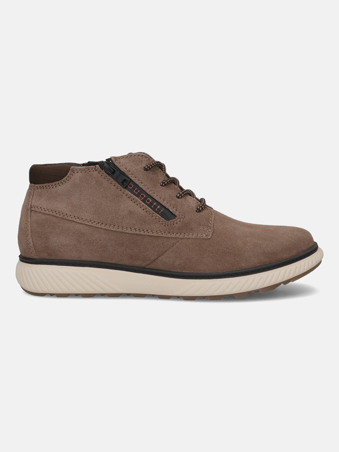 Taupe leather comfort sneakers by bugatti, featuring a side zipper and patterned laces, shown in a side view.