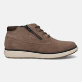 Taupe leather comfort sneakers by bugatti, featuring a side zipper and patterned laces, shown in a side view.