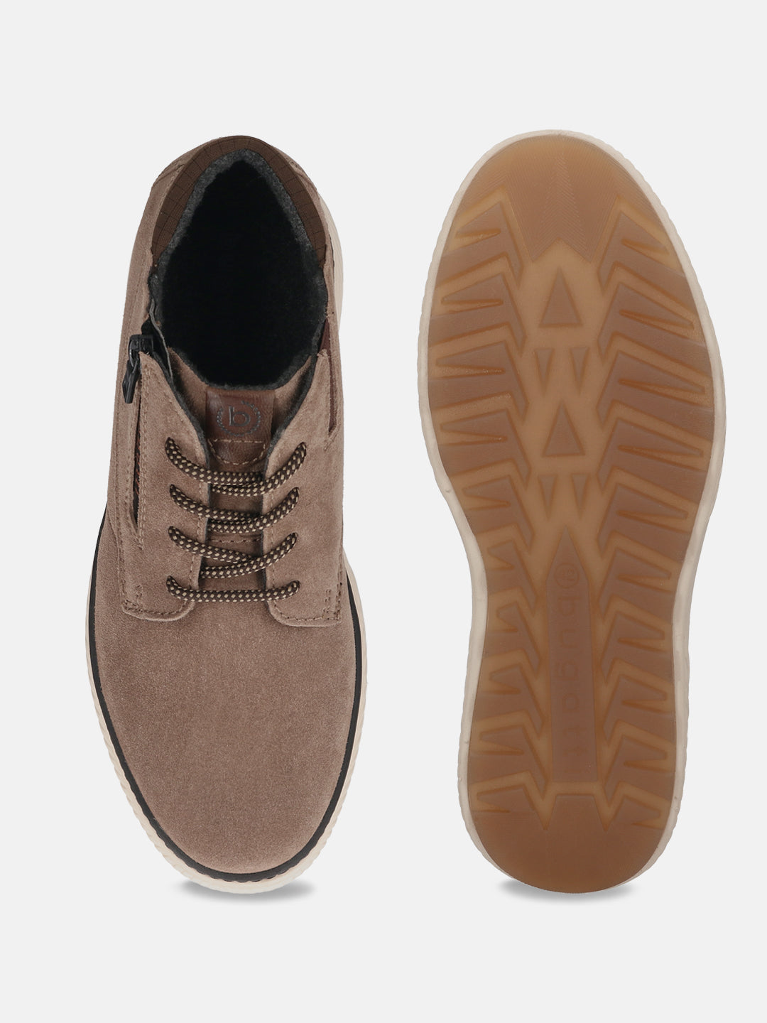 Taupe premium leather comfort sneakers by bugatti, with brown patterned laces and rubber soles.