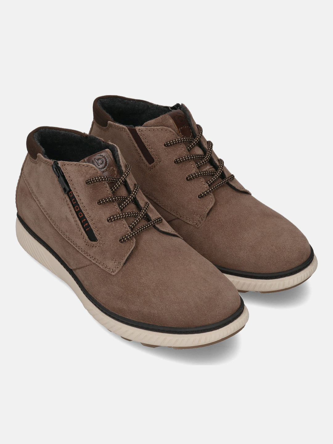 Taupe premium leather comfort sneakers by Bugatti, featuring tonal laces and a side zipper.