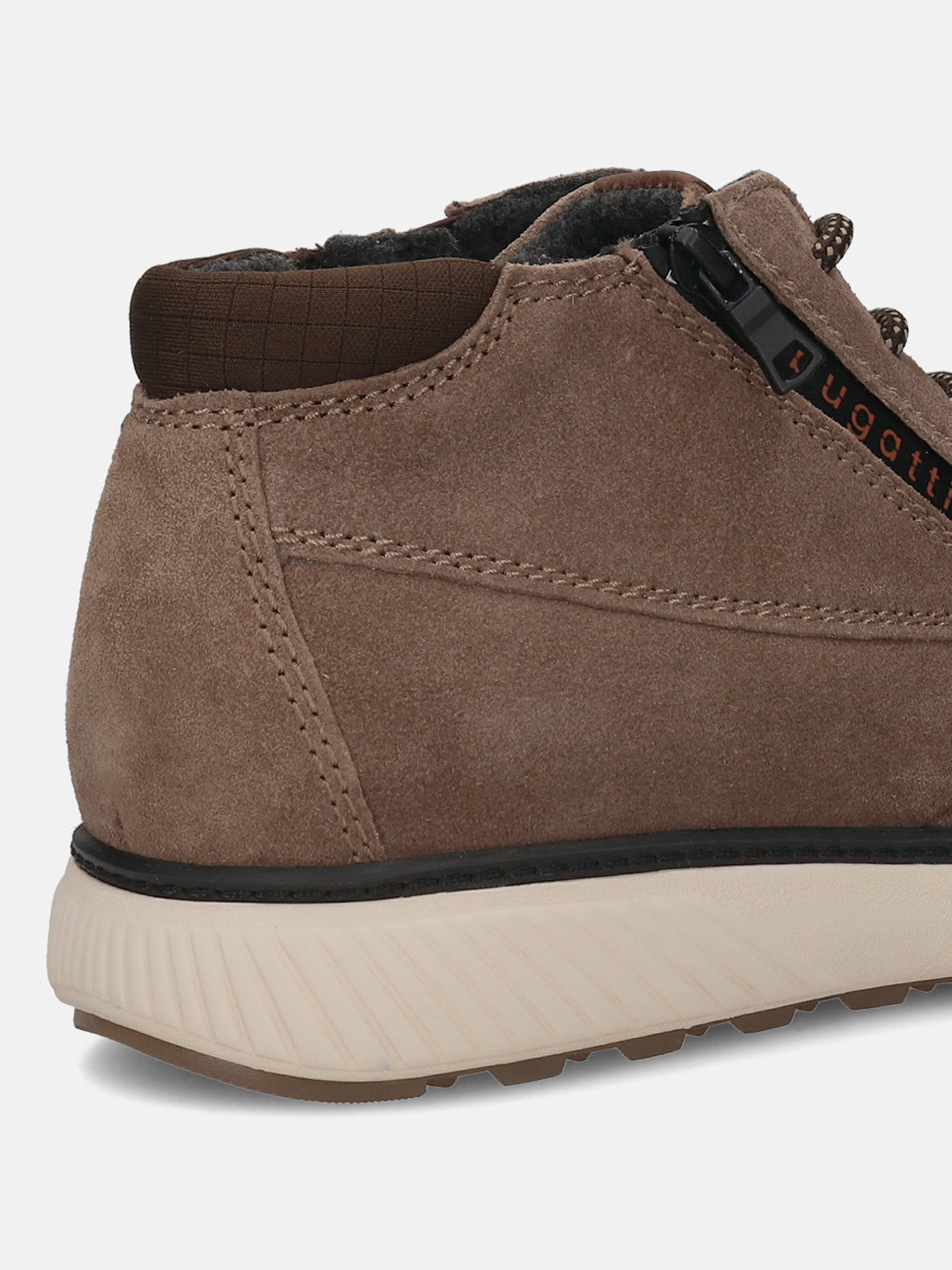 Taupe premium leather comfort sneaker by bugatti, with a black side zipper and off-white sole.