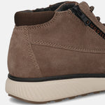 Taupe premium leather comfort sneaker by bugatti, with a black side zipper and off-white sole.