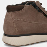 Taupe premium leather comfort sneaker by bugatti, with a black side zipper and off-white sole.