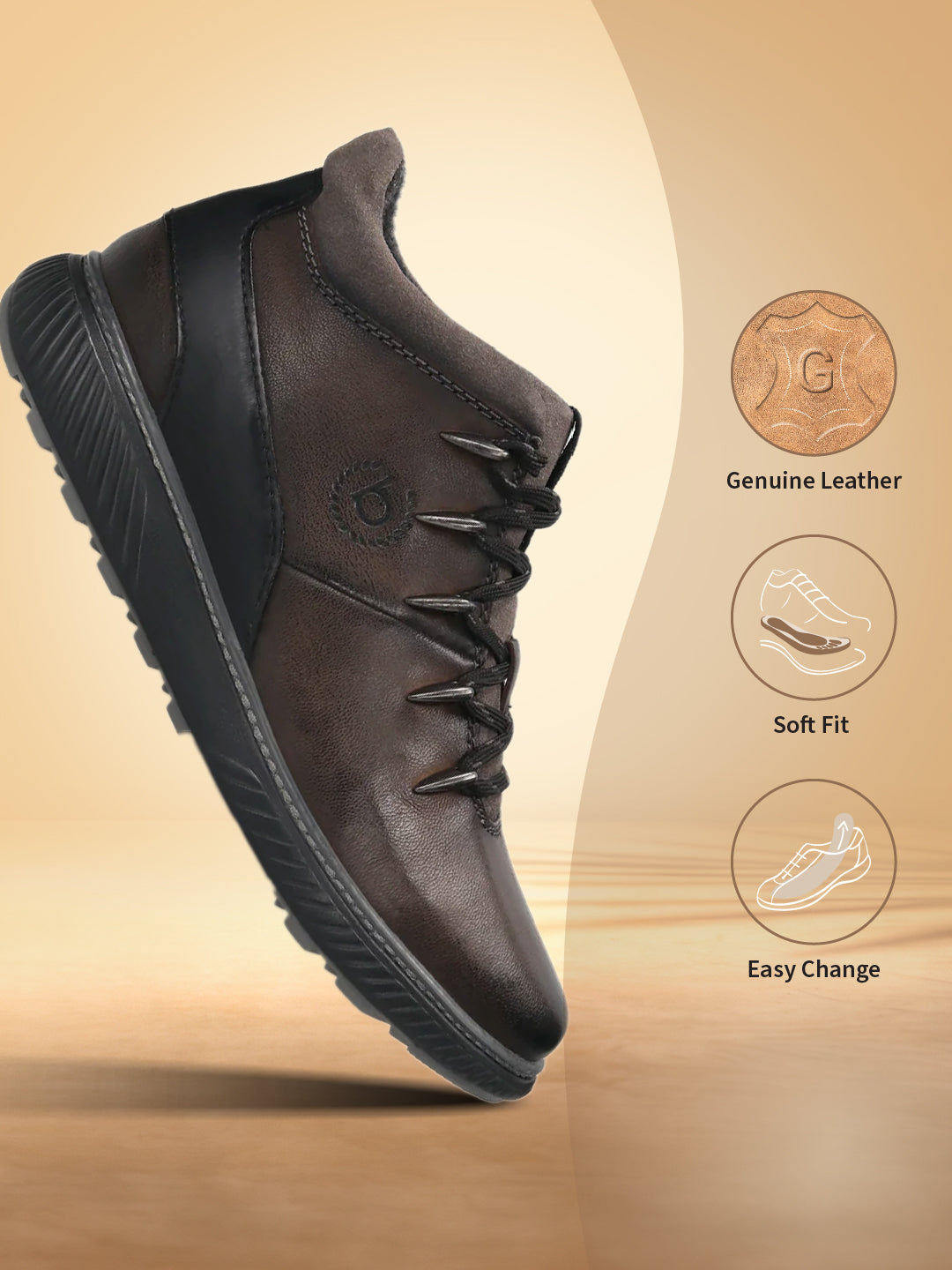 A grey Men's bugatti Sneakers featuring a round toe plain toe, zero heels heel, and a wide fit. Made from premium genuine leather with a durable tpr outsole, this zipper design offers both style and comfort.