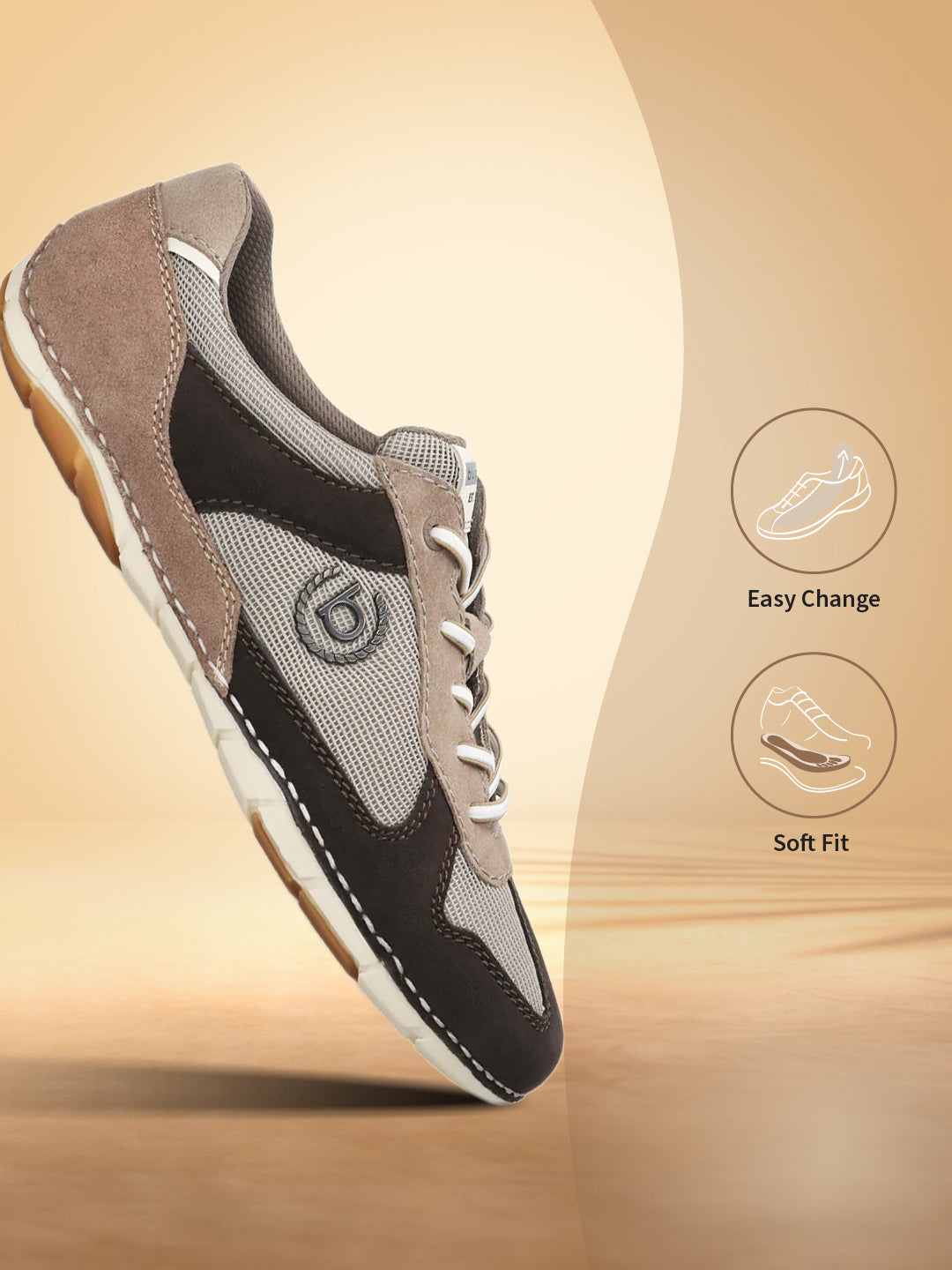 A brown Men's bugatti Sneakers featuring a round plain toe, zero heels heel. Made from suede leather with a durable sebs (block copolymer) outsole, this laces design offers both style and comfort. easy change sole and soft fit 