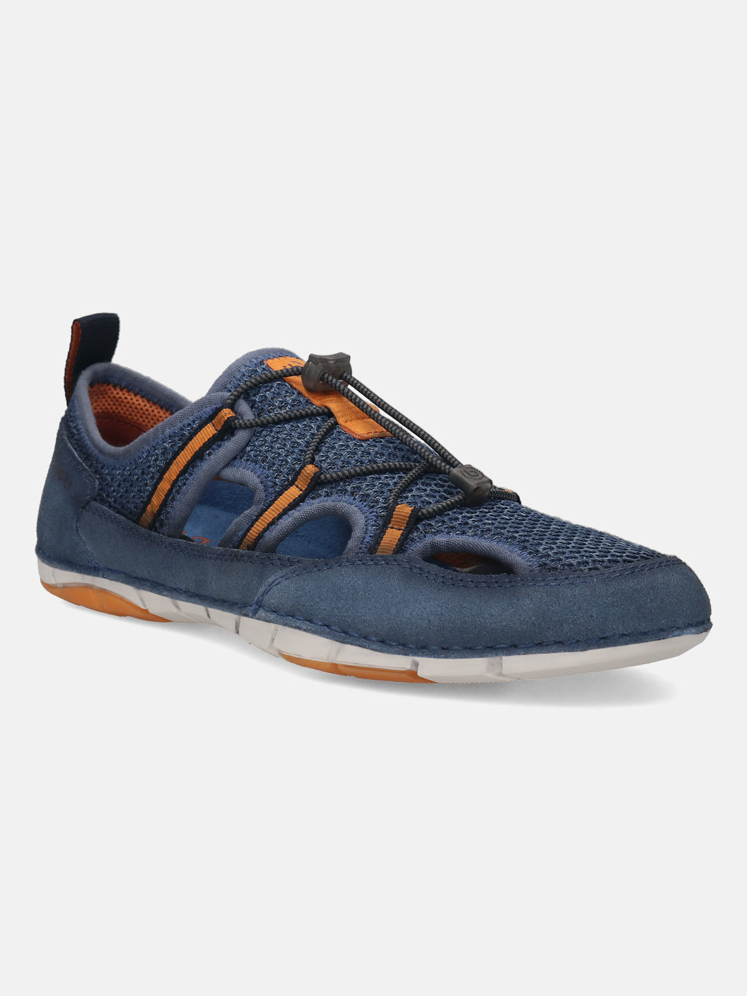 Blue comfort sneaker by bugatti featuring orange accents and a toggle lace closure.