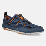 Blue comfort sneaker by bugatti featuring orange accents and a toggle lace closure.