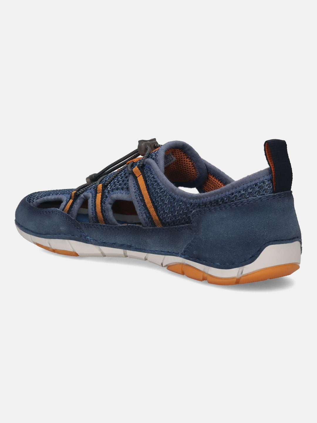 Blue comfort sneaker by bugatti, featuring orange accents, textured upper, and a durable white and orange sole.