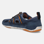 Blue comfort sneaker by bugatti, featuring orange accents, textured upper, and a durable white and orange sole.