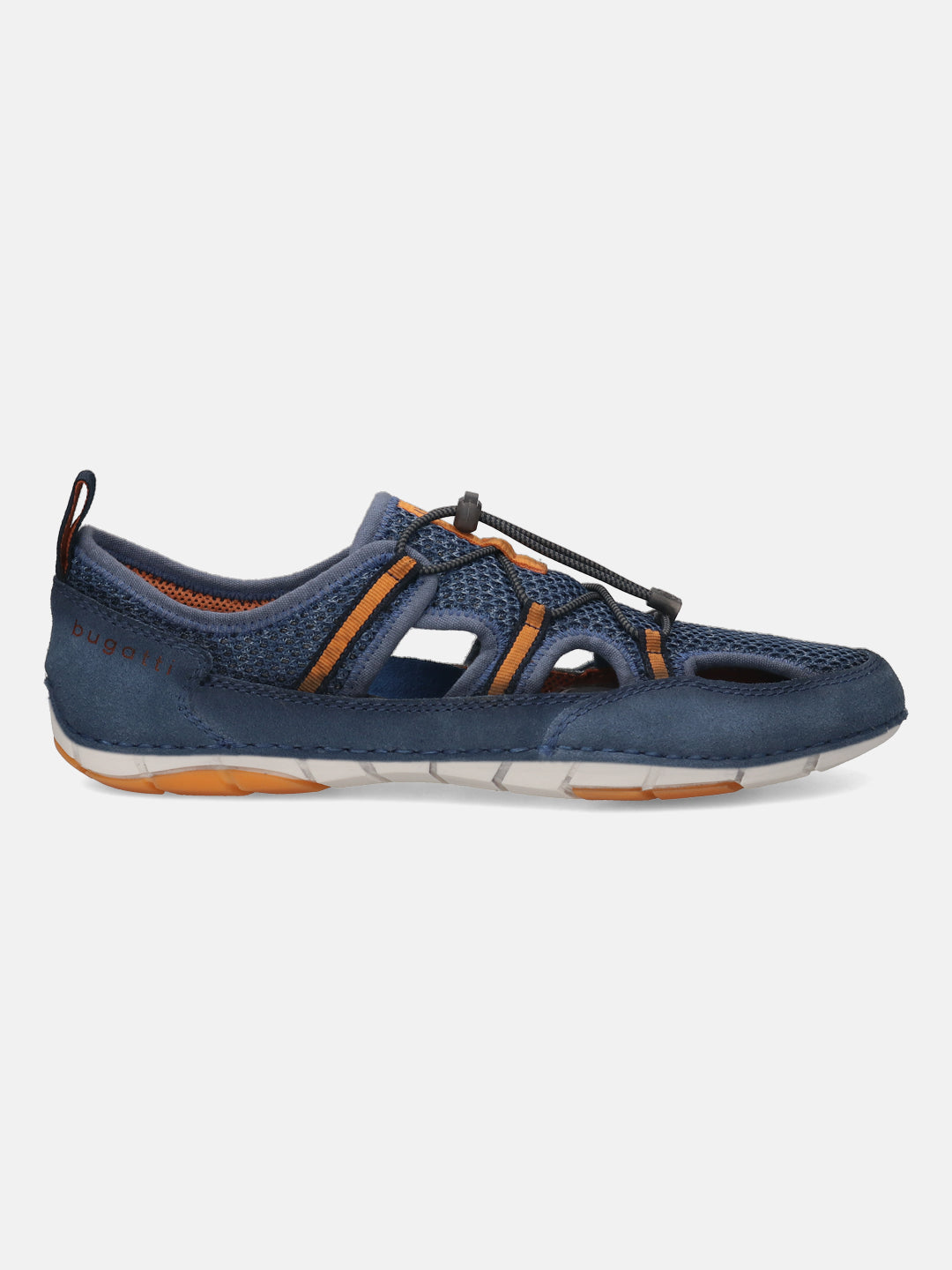 Blue comfort sneaker by bugatti with a bungee cord lacing system and cutout details.