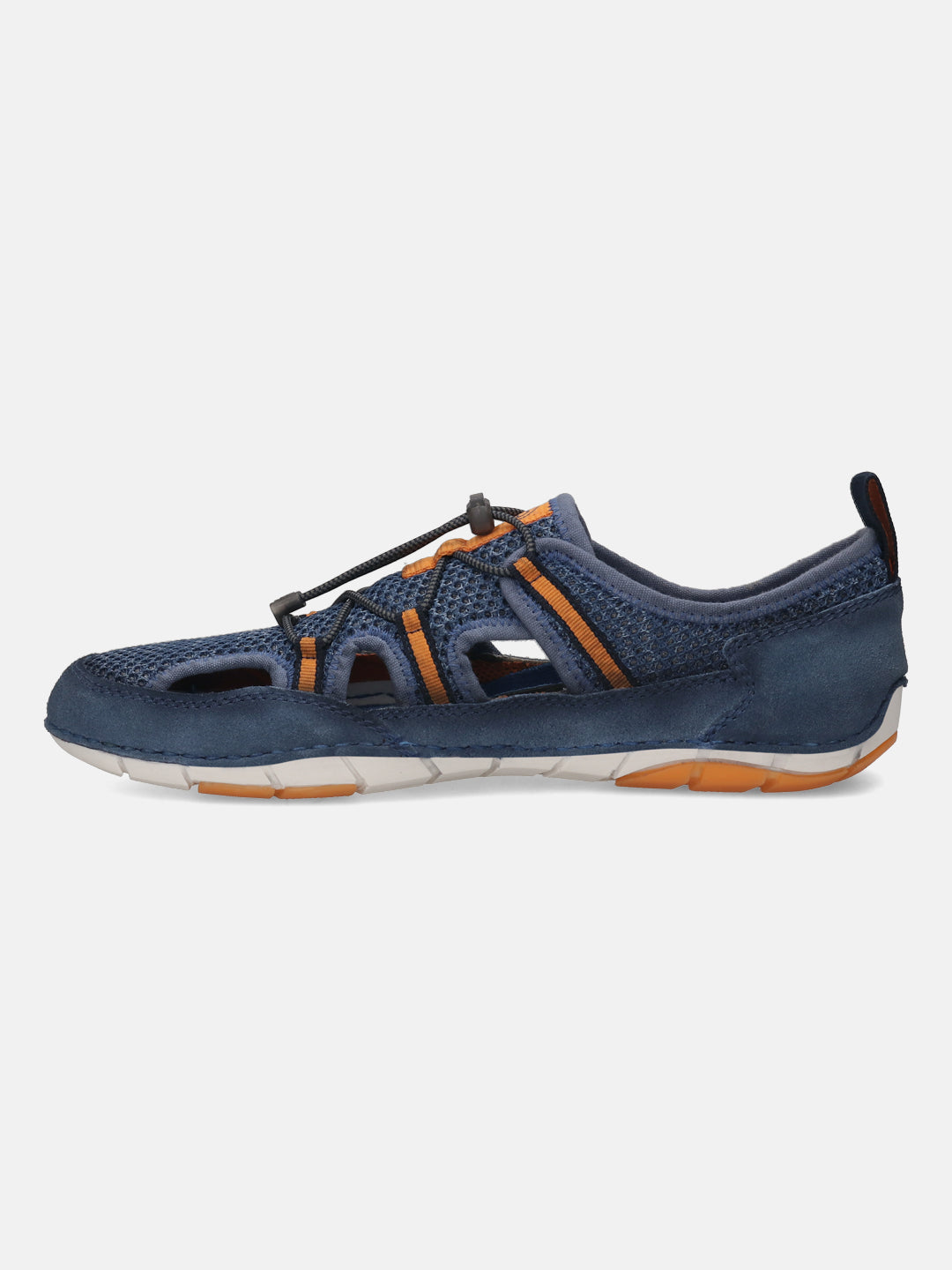 Blue comfort sneaker by bugatti with orange accents, a textured mesh upper, and a contrasting white and orange sole.