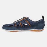 Blue comfort sneaker by bugatti with orange accents, a textured mesh upper, and a contrasting white and orange sole.