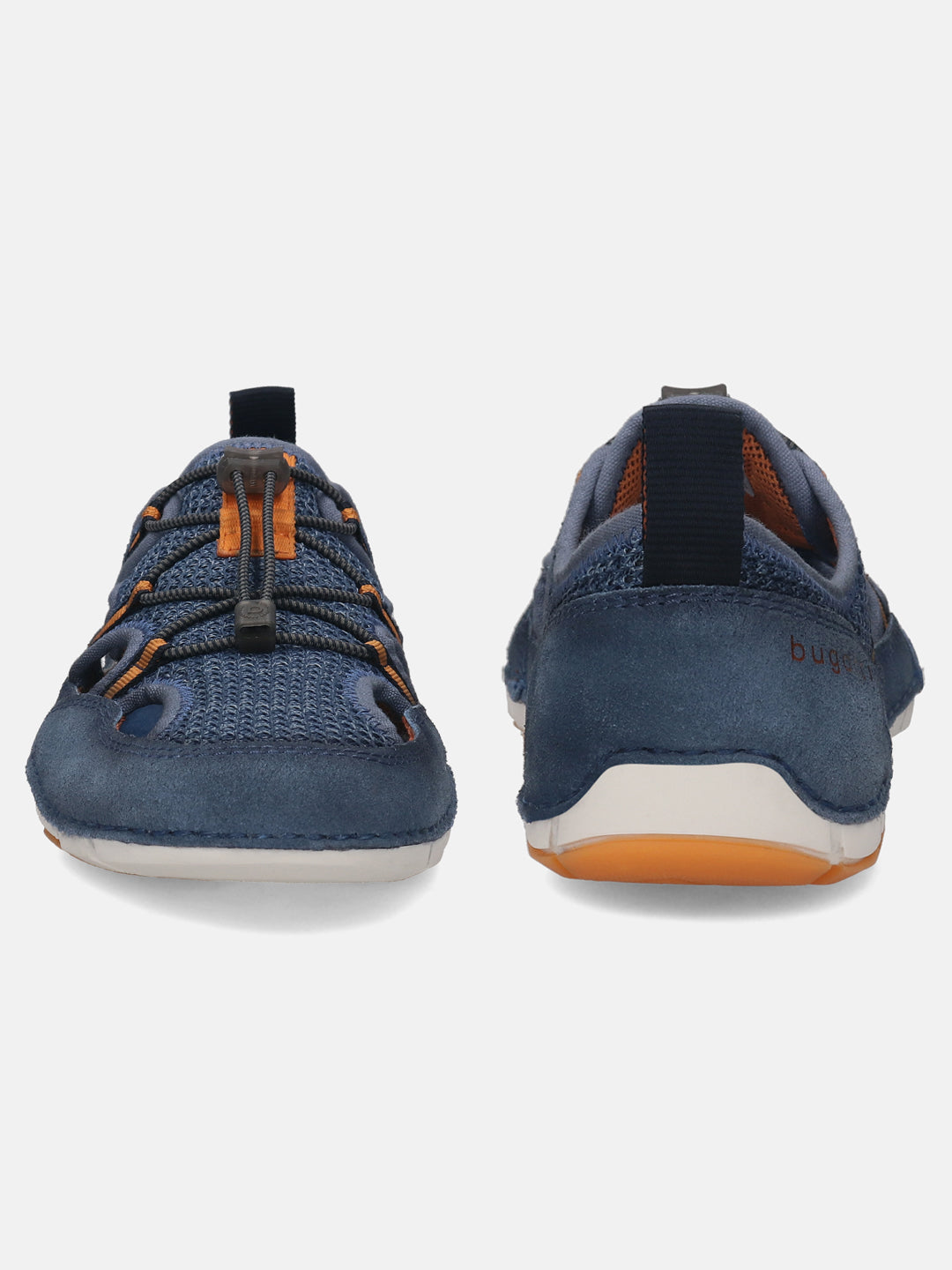 Blue comfort sneakers by bugatti with orange accents, shot from the front and back.