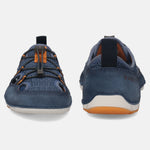 Blue comfort sneakers by bugatti with orange accents, shot from the front and back.