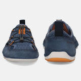 Blue comfort sneakers by bugatti with orange accents, shot from the front and back.