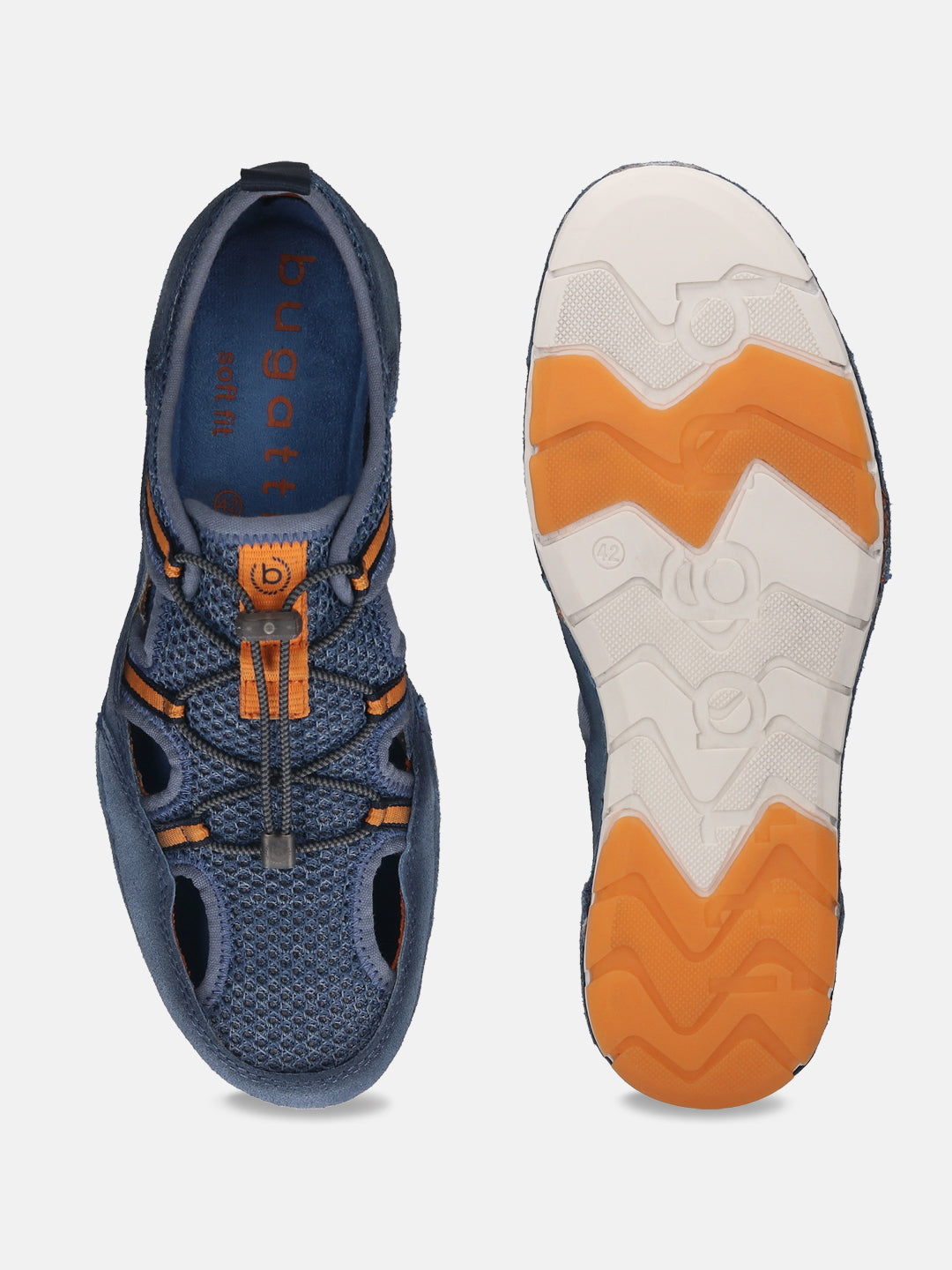 Blue comfort sneakers by bugatti, with orange and gray accents, showing a sole with a wavy pattern.