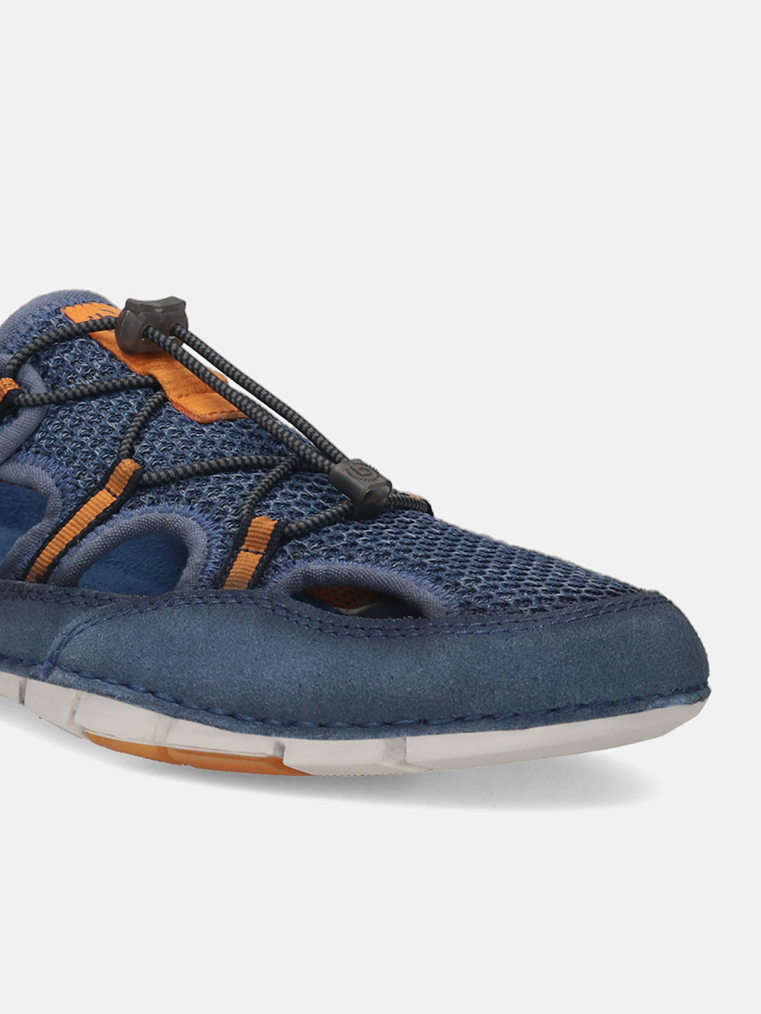 Blue comfort sneaker by bugatti with black bungee cord and orange accents.